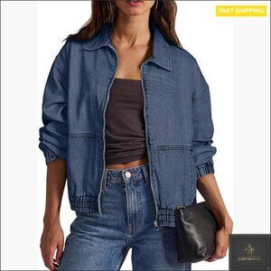 Oversized Denim Jacket Zip Up Long Sleeve Loose Fit Casual Outerwear